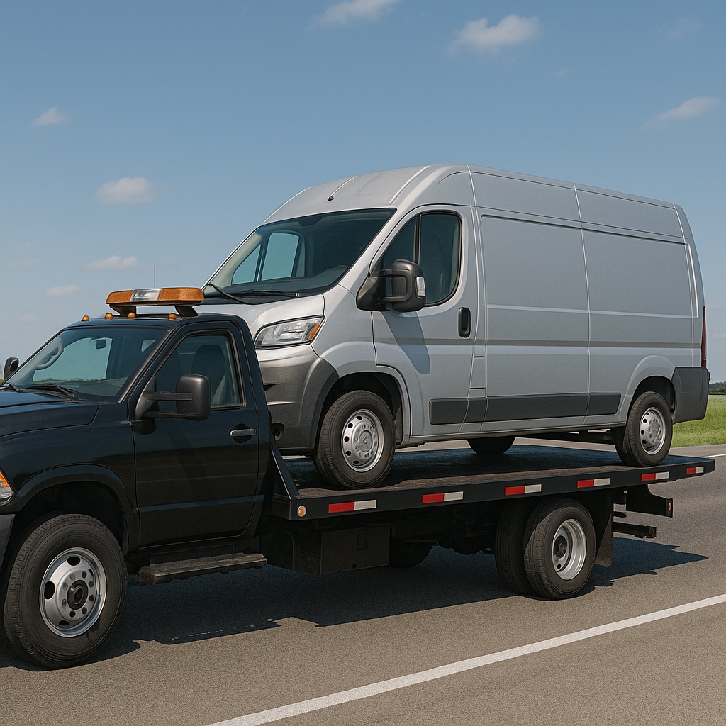 Flatbed tow truck serving commercial fleet and business accounts